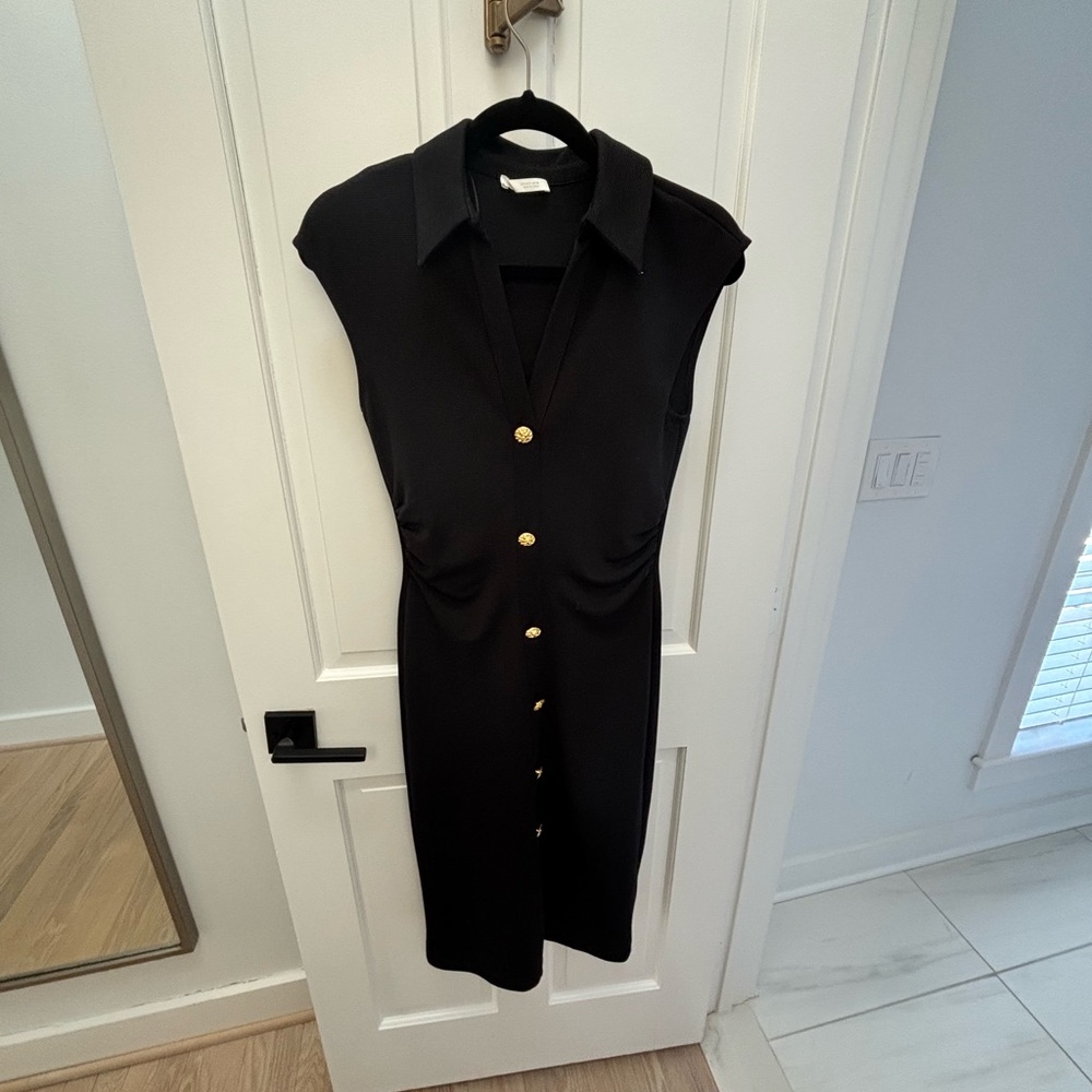 Zara Elegant Black Midi Dress with Gold Accents